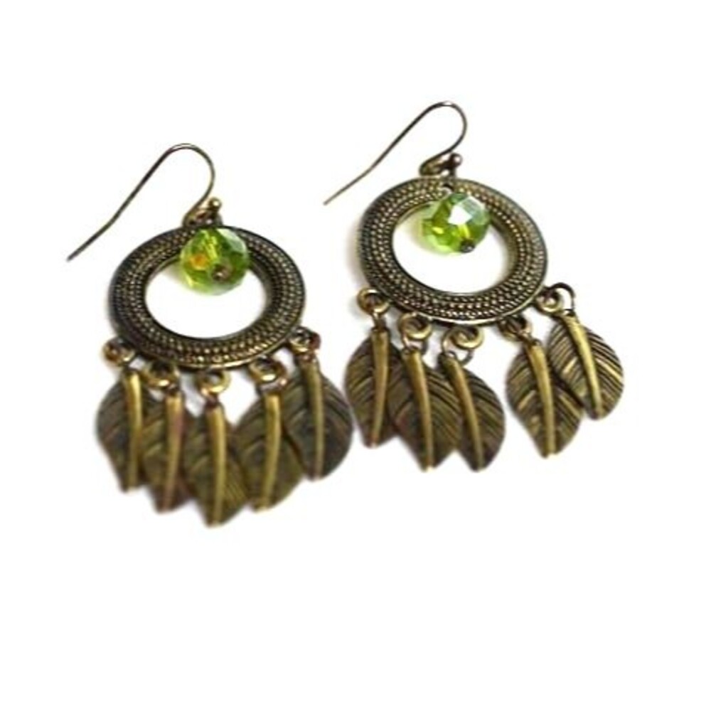 Vintage Bronze Dangle Leaf Green Beaded Drop Hook Earrings